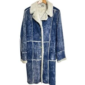 VTG Italian Shearling Penny Lane Coat Womens 44 M/L Blue Suede 70s Boho Hippie